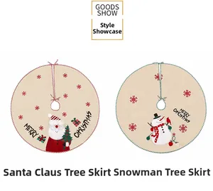 Detail of faux linen Christmas tree skirts with Santa and Snowman applique embroidery