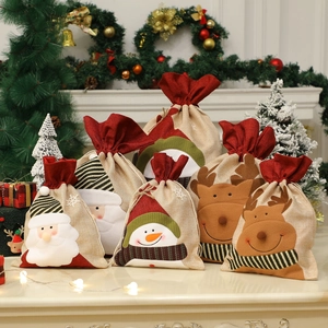 Sacs cadeaux de Noël en toile de jute avec motifs Père Noël et bonhomme de neige déco