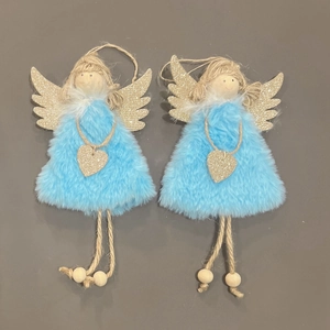 Décorations d'anges de Noël faits main avec robes en peluche bleue et ailes dorées