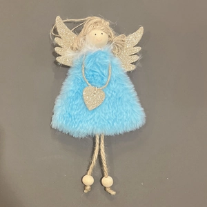 Ange de Noël en peluche bleue avec ailes dorées et pattes en perles de bois