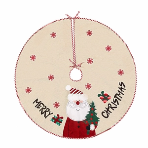 Linen Christmas tree skirt with Santa Claus prints and festive Merry Christmas text