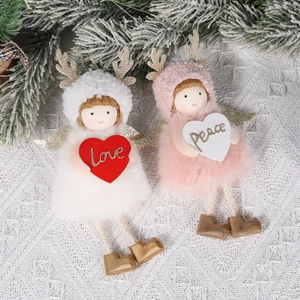 Plush Christmas angel doll ornaments with reindeer antlers and Love Peace hearts for tree decor