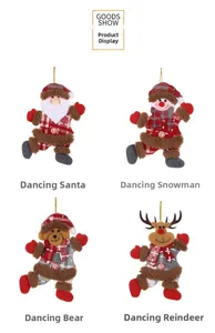 Detailed close-up of four Christmas plush ornaments with festive plaid patterns and buttons