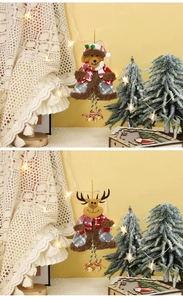 Close-up of reindeer and bear Christmas ornaments with plaid scarves and gold bells