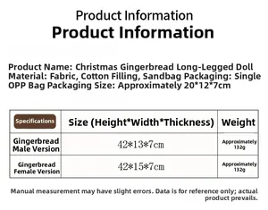 Detailed size chart and specifications for the Christmas gingerbread long-legged dolls