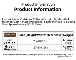 Tableau des tailles montrant hauteur et poids du gnome de Noël en peluche lumineux