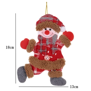 Plush Christmas snowman ornament with red plaid fabric and faux fur details, 18cm height