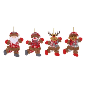 Set of four plush Christmas ornaments featuring Santa, Snowman, Reindeer, and Bear dolls