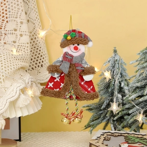 Christmas snowman tree ornament with red plaid hat, fleece edges and golden bell decoration