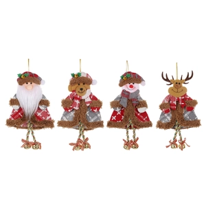 Set of 4 Christmas tree ornaments with Santa, Snowman, Reindeer, and Bear plush dolls