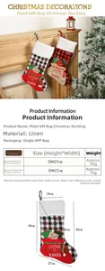 Size chart for plaid Christmas stockings featuring dimensions 50x27cm and linen fabric