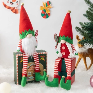 Christmas Gnome Decoration Long Legged Plush Elf Doll Holding Candy Cane Bell Ornament For Holiday Tabletop Decor