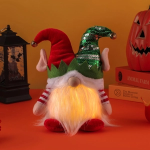 Poupée de nain de Noël lumineux avec paillettes et cloche sur chapeau rouge vert