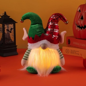 Gnome de Noël lumineux avec chapeaux en sequins rouges et velours vert et barbe rétro-éclairée
