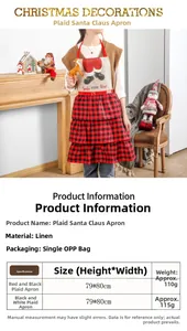 Linen Christmas apron with red buffalo plaid pattern, Santa motif and size specifications