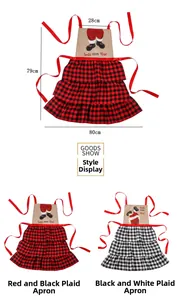 Detailed size chart of Santa Claus plaid aprons with ruffled hem and linen texture