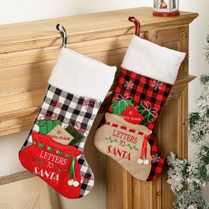 Buffalo Plaid Christmas Stocking Letters To Santa Embroidery Faux Fur Trim Large Candy Gift Bag Xmas Tree Hanging Decoration