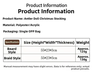 Detailed size chart and specifications for reindeer plush Christmas stockings decoration