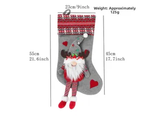 Detailed view of grey felt Christmas stocking with 3D gnome design and size measurements