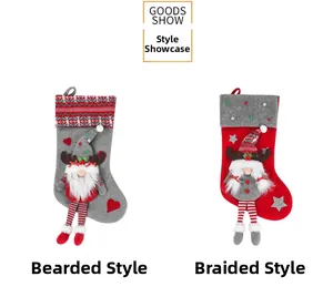 Detail of knitted Christmas stockings featuring 3D gnomes with sequins and star patterns