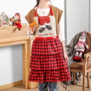 Christmas Santa Apron Linen Cotton Buffalo Check Three Layer Ruffle Hem Festive Party Kitchen Decor Women