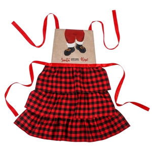 Christmas Santa Claus apron with red buffalo check ruffles and Santa Stops Here print