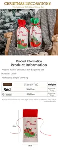 Linen Christmas wine bottle cover with Merry Christmas print and red ribbon tie