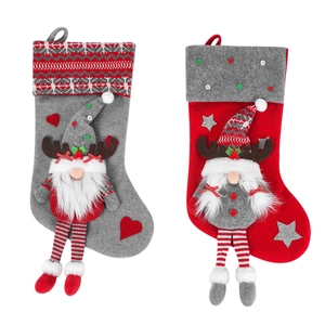 Set of grey and red Christmas stockings with plush gnome designs and hanging loops