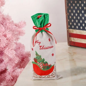 Christmas burlap wine bottle bag with Merry Christmas embroidery and red silk bow