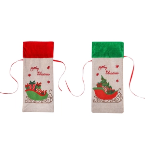 Red and green Christmas wine bottle gift bags with Merry Christmas sleigh embroidery