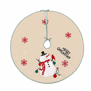 Linen Christmas tree skirt featuring a cute snowman with Merry Christmas text