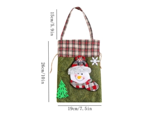 Detail showing green felt Christmas gift bag with snowman and red plaid drawstring handles