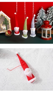 Three Christmas gnome plush ornaments in red grey and green with knitted hats and white beards
