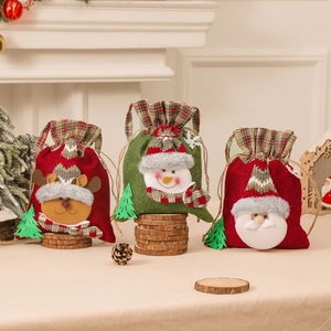 Christmas Gift Bag 3D Santa Claus Snowman Reindeer Pattern Large Candy Bag Plaid Drawstring Handbag Xmas Party Decoration
