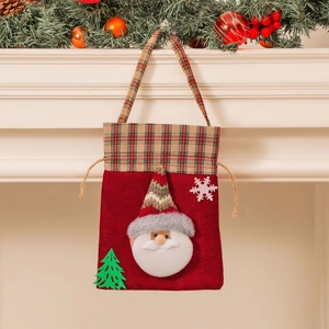Christmas gift bag with Santa Claus 3D design and red green plaid fabric accents