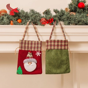 Christmas gift bags with Santa Claus design, featuring drawstring and plaid handles