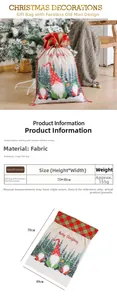 Size chart showing large 70x49cm fabric Christmas gnome gift bag with drawstring closure