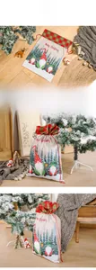 Close-up of linen Christmas gift bags with Nordic gnomes and Merry Christmas script print