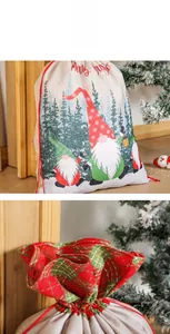 Detail of Christmas gnome burlap gift bag with red drawstring and tartan lining texture