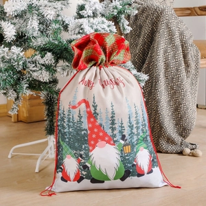 Christmas Gift Bag Faux Linen Large Drawstring Sack With Gnome Pattern And Red Green Plaid Trim Holiday Xmas