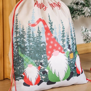 Merry Christmas linen drawstring gift bag featuring three cute gnome illustrations