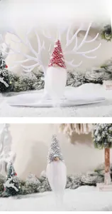 Detail of Christmas gnomes ornaments set with knitted hats and long white faux fur beards