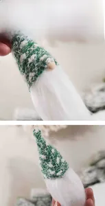 Detail view of green knitted Christmas gnome hat and soft white plush beard textures