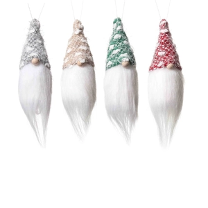 Set of four Christmas gnome ornaments with knitted hats and white faux fur beards
