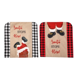 Christmas chair back covers with Santa chimney print and classic red black plaid fabric