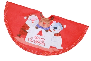 Detail of red Christmas tree skirt showing cartoon Santa, reindeer and bear graphics