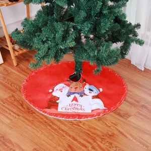 Red 90cm Christmas tree skirt with cartoon Santa, reindeer, and Merry Christmas text