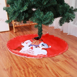 90cm red Christmas tree skirt with festive Santa, elk, and bear cartoon illustrations