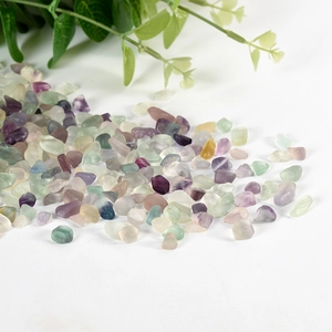 Polished natural rainbow fluorite crystal chips with green eucalyptus leaf on white background