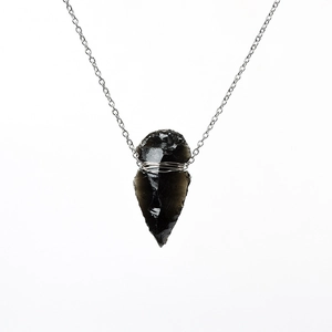 Natural obsidian arrowhead pendant necklace with silver wire wrap and chain